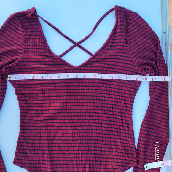 Striped Burgundy & Black Long Sleeve Women Bodysuit With Cross Back/ Medium - Picture 4 of 8